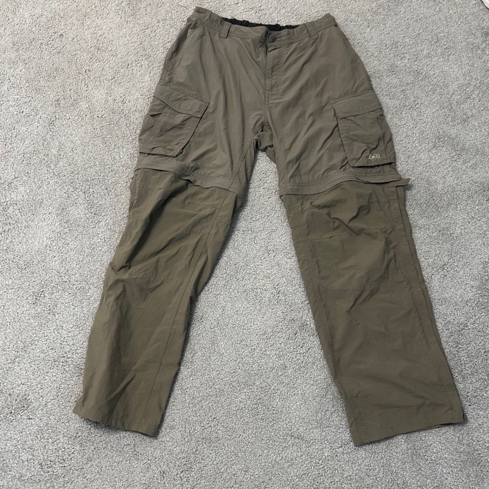 REI Sahara Men L-30L Olive Green Convertible Hiking Cargo Pants Zip Off Shorts